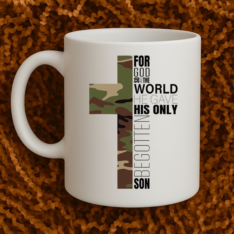 Green Camo Christian Cross Gifts John 316 Bible Verse Mug
