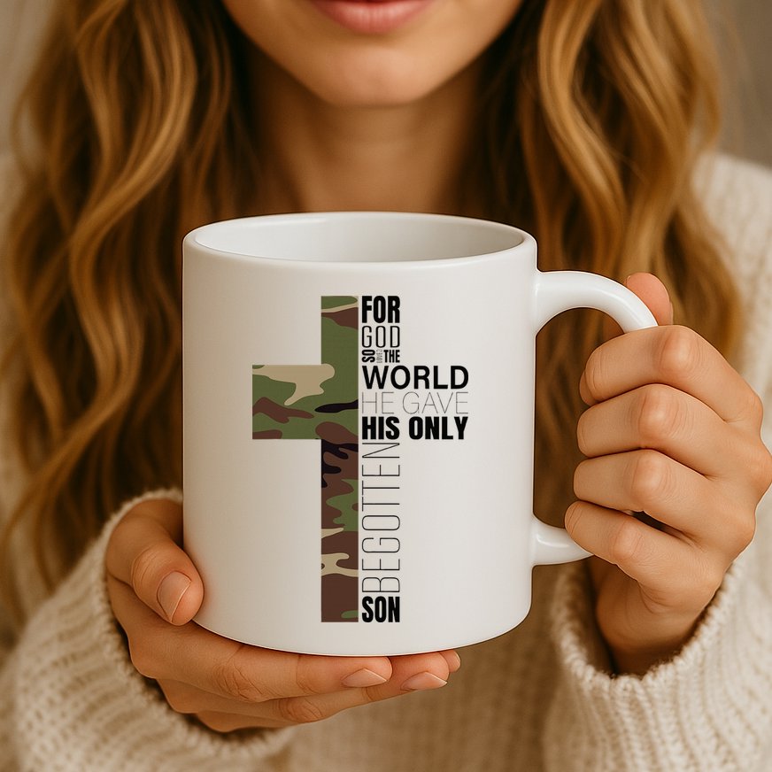 Green Camo Christian Cross Gifts John 316 Bible Verse Mug