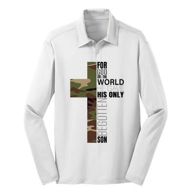 Green Camo Christian Cross Gifts John 316 Bible Verse Silk Touch Performance Long Sleeve Polo