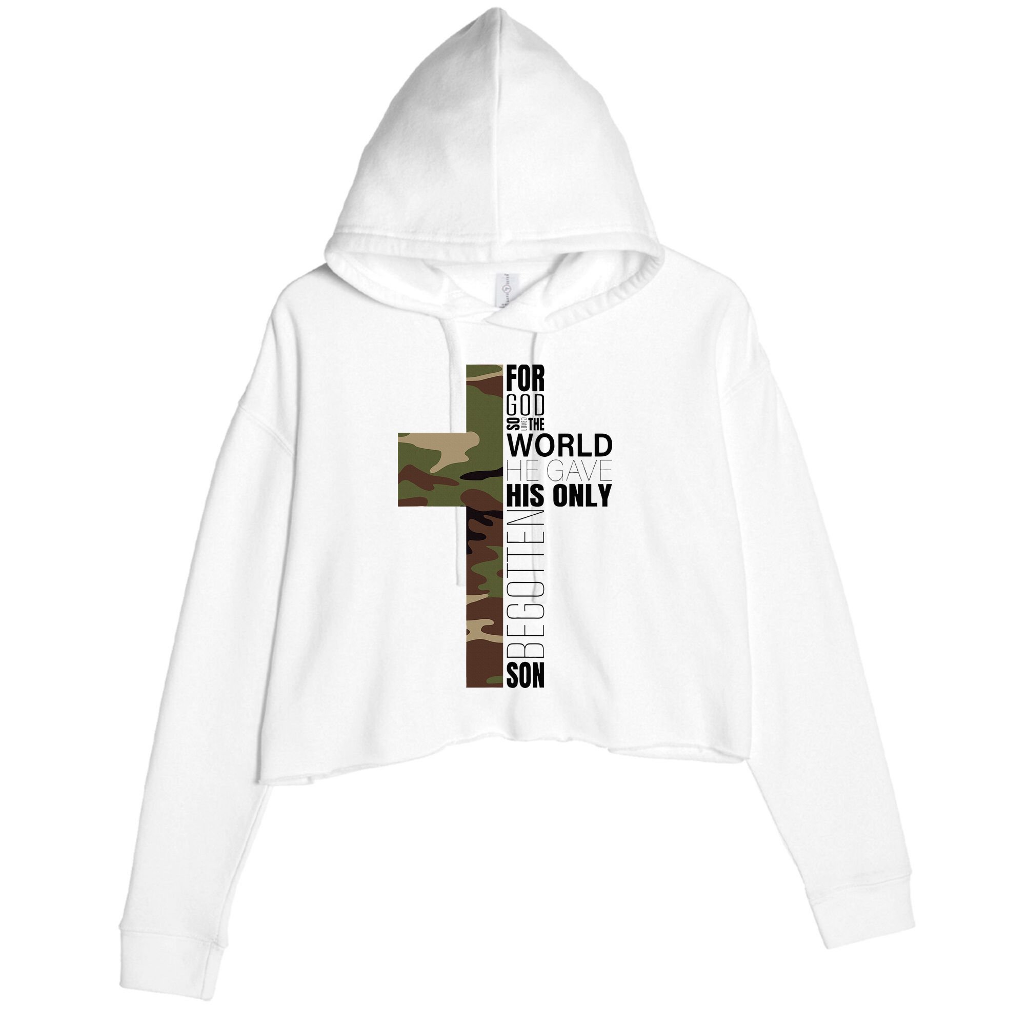 Green Camo Christian Cross Gifts John 316 Bible Verse Crop Fleece Hoodie