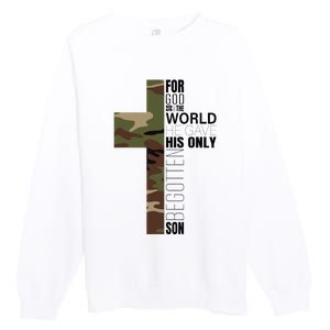 Green Camo Christian Cross Gifts John 316 Bible Verse Premium Crewneck Sweatshirt