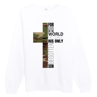 Green Camo Christian Cross Gifts John 316 Bible Verse Premium Crewneck Sweatshirt