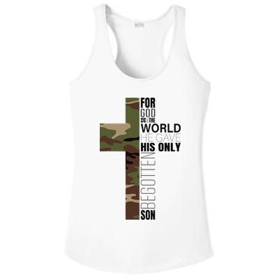 Green Camo Christian Cross Gifts John 316 Bible Verse Ladies PosiCharge Competitor Racerback Tank