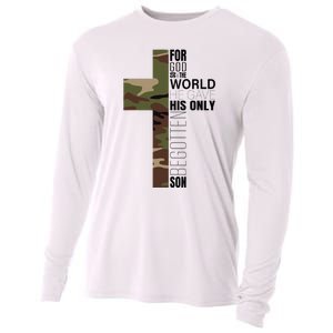 Green Camo Christian Cross Gifts John 316 Bible Verse Cooling Performance Long Sleeve Crew