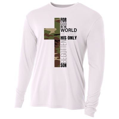 Green Camo Christian Cross Gifts John 316 Bible Verse Cooling Performance Long Sleeve Crew