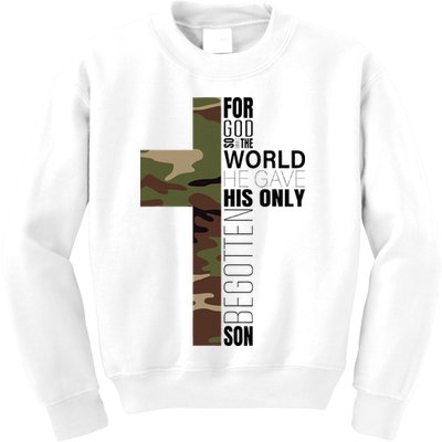 Green Camo Christian Cross Gifts John 316 Bible Verse Kids Sweatshirt