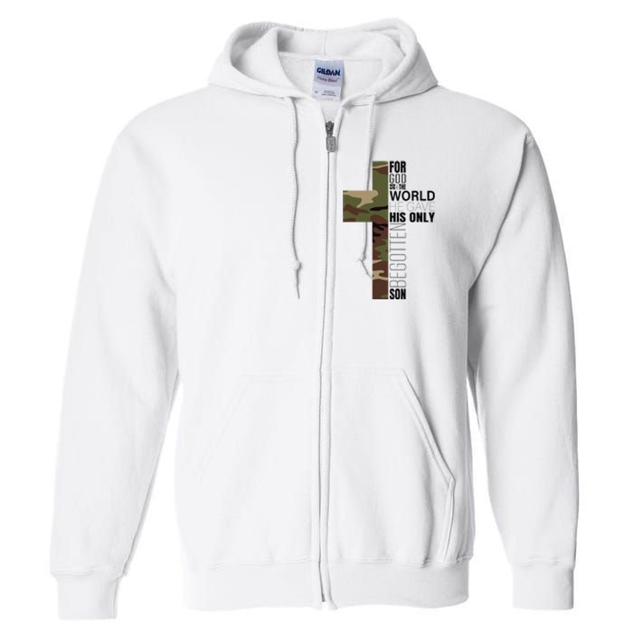 Green Camo Christian Cross Gifts John 316 Bible Verse Full Zip Hoodie