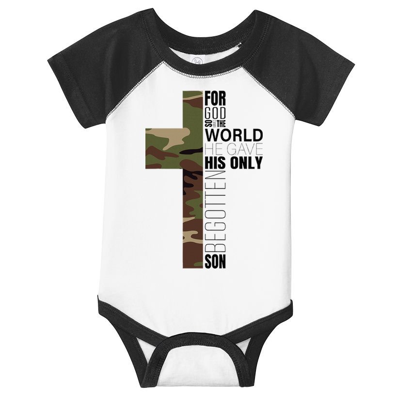 Green Camo Christian Cross Gifts John 316 Bible Verse Infant Baby Jersey Bodysuit