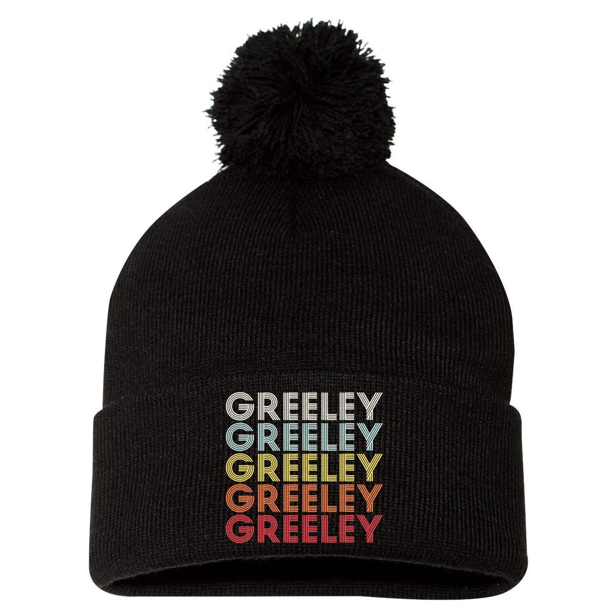 Greeley Colorado CO Varsity Style White Text Pom Pom 12in Knit Beanie