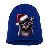 Grey Christmas Cute Cat Kitten Wearing Xmas SantaS Hat Funny Gift Short Acrylic Beanie