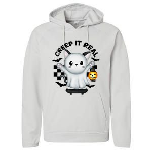 Ghost Cat Creep It Real Skateboarding Ghost Retro Halloween Gift Performance Fleece Hoodie