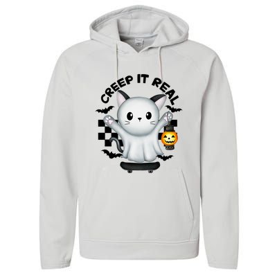 Ghost Cat Creep It Real Skateboarding Ghost Retro Halloween Gift Performance Fleece Hoodie