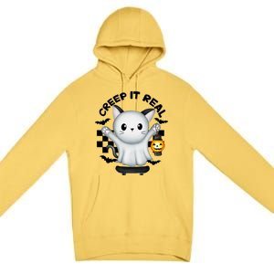 Ghost Cat Creep It Real Skateboarding Ghost Retro Halloween Gift Premium Pullover Hoodie