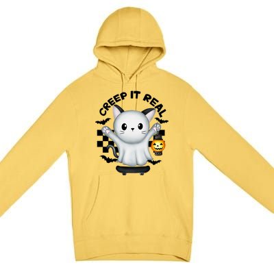 Ghost Cat Creep It Real Skateboarding Ghost Retro Halloween Gift Premium Pullover Hoodie