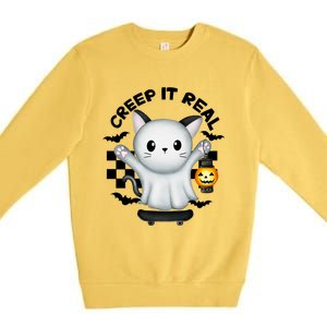 Ghost Cat Creep It Real Skateboarding Ghost Retro Halloween Gift Premium Crewneck Sweatshirt