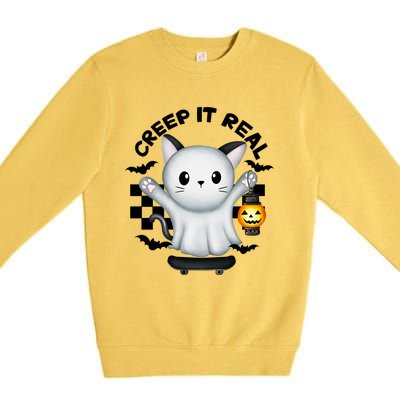 Ghost Cat Creep It Real Skateboarding Ghost Retro Halloween Gift Premium Crewneck Sweatshirt