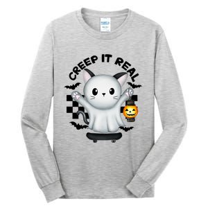 Ghost Cat Creep It Real Skateboarding Ghost Retro Halloween Gift Tall Long Sleeve T-Shirt