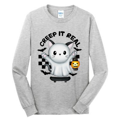 Ghost Cat Creep It Real Skateboarding Ghost Retro Halloween Gift Tall Long Sleeve T-Shirt