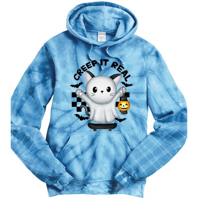 Ghost Cat Creep It Real Skateboarding Ghost Retro Halloween Gift Tie Dye Hoodie