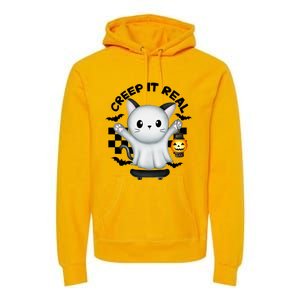 Ghost Cat Creep It Real Skateboarding Ghost Retro Halloween Gift Premium Hoodie