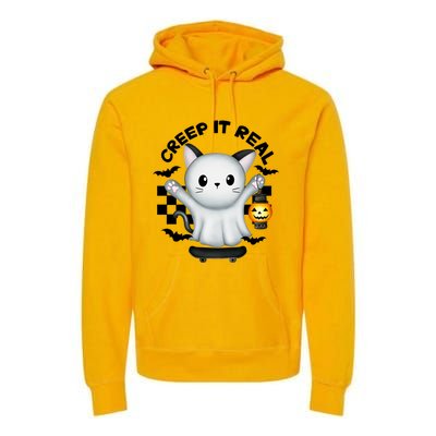 Ghost Cat Creep It Real Skateboarding Ghost Retro Halloween Gift Premium Hoodie