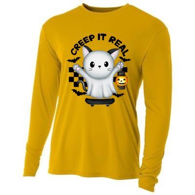 Ghost Cat Creep It Real Skateboarding Ghost Retro Halloween Gift Cooling Performance Long Sleeve Crew