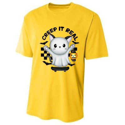 Ghost Cat Creep It Real Skateboarding Ghost Retro Halloween Gift Performance Sprint T-Shirt