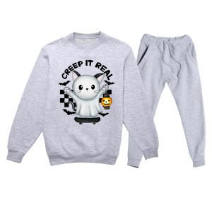 Ghost Cat Creep It Real Skateboarding Ghost Retro Halloween Gift Premium Crewneck Sweatsuit Set