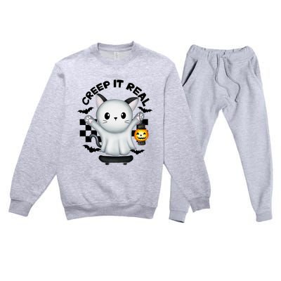 Ghost Cat Creep It Real Skateboarding Ghost Retro Halloween Gift Premium Crewneck Sweatsuit Set