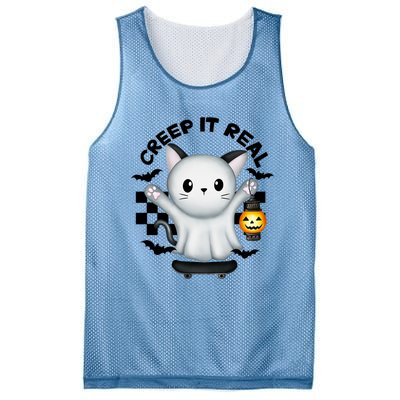 Ghost Cat Creep It Real Skateboarding Ghost Retro Halloween Gift Mesh Reversible Basketball Jersey Tank