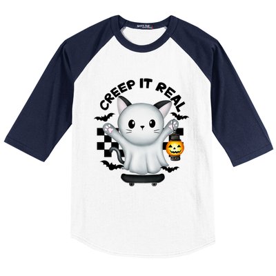 Ghost Cat Creep It Real Skateboarding Ghost Retro Halloween Gift Baseball Sleeve Shirt