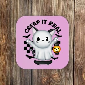 Ghost Cat Creep It Real Skateboarding Ghost Retro Halloween Gift Coaster