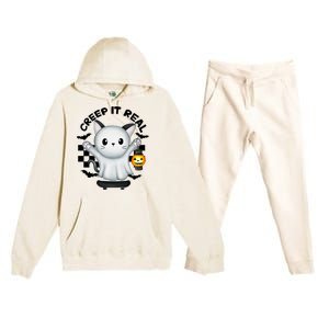 Ghost Cat Creep It Real Skateboarding Ghost Retro Halloween Gift Premium Hooded Sweatsuit Set