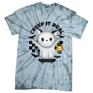 Ghost Cat Creep It Real Skateboarding Ghost Retro Halloween Gift Tie-Dye T-Shirt