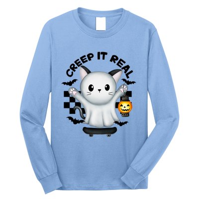 Ghost Cat Creep It Real Skateboarding Ghost Retro Halloween Gift Long Sleeve Shirt