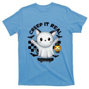 Ghost Cat Creep It Real Skateboarding Ghost Retro Halloween Gift T-Shirt