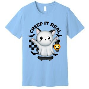 Ghost Cat Creep It Real Skateboarding Ghost Retro Halloween Gift Premium T-Shirt