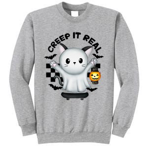 Ghost Cat Creep It Real Skateboarding Ghost Retro Halloween Gift Sweatshirt