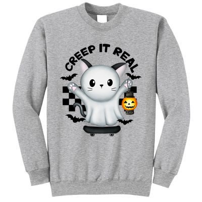 Ghost Cat Creep It Real Skateboarding Ghost Retro Halloween Gift Sweatshirt