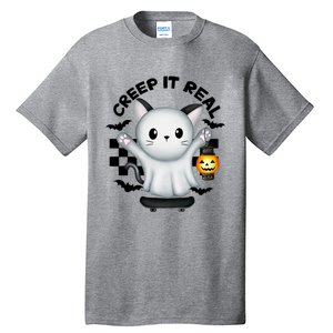 Ghost Cat Creep It Real Skateboarding Ghost Retro Halloween Gift Tall T-Shirt