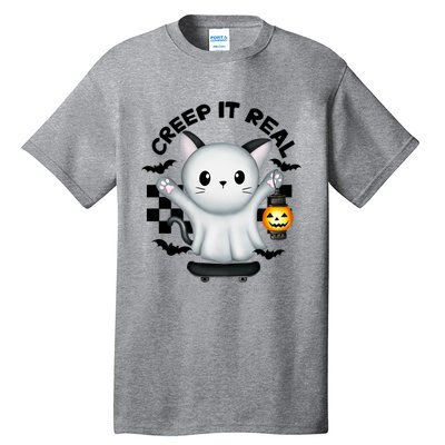 Ghost Cat Creep It Real Skateboarding Ghost Retro Halloween Gift Tall T-Shirt