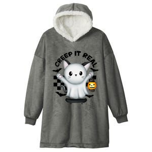 Ghost Cat Creep It Real Skateboarding Ghost Retro Halloween Gift Hooded Wearable Blanket