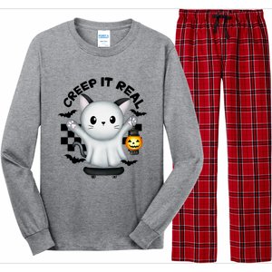 Ghost Cat Creep It Real Skateboarding Ghost Retro Halloween Gift Long Sleeve Pajama Set