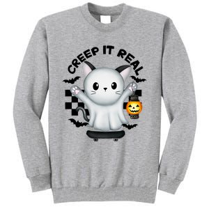 Ghost Cat Creep It Real Skateboarding Ghost Retro Halloween Gift Tall Sweatshirt