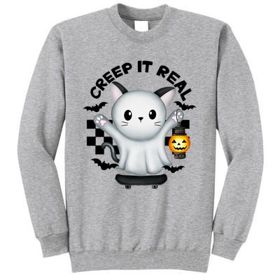 Ghost Cat Creep It Real Skateboarding Ghost Retro Halloween Gift Tall Sweatshirt