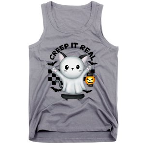 Ghost Cat Creep It Real Skateboarding Ghost Retro Halloween Gift Tank Top