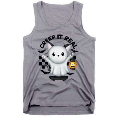 Ghost Cat Creep It Real Skateboarding Ghost Retro Halloween Gift Tank Top