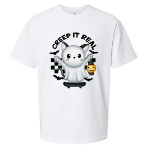 Ghost Cat Creep It Real Skateboarding Ghost Retro Halloween Gift Sueded Cloud Jersey T-Shirt