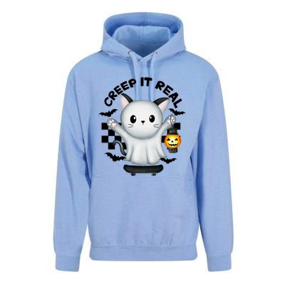 Ghost Cat Creep It Real Skateboarding Ghost Retro Halloween Gift Unisex Surf Hoodie