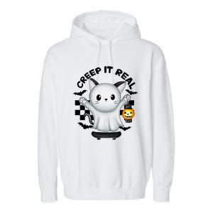 Ghost Cat Creep It Real Skateboarding Ghost Retro Halloween Gift Garment-Dyed Fleece Hoodie